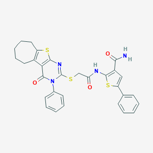 molecular formula C30H26N4O3S3 B382957 2-({[(4-oxo-3-phenyl-3,5,6,7,8,9-hexahydro-4H-cyclohepta[4,5]thieno[2,3-d]pyrimidin-2-yl)sulfanyl]acetyl}amino)-5-phenyl-3-thiophenecarboxamide 