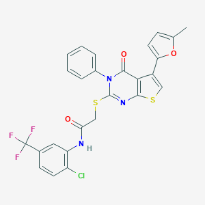 molecular formula C26H17ClF3N3O3S2 B382958 N-[2-chloro-5-(trifluoromethyl)phenyl]-2-{[5-(5-methyl-2-furyl)-4-oxo-3-phenyl-3,4-dihydrothieno[2,3-d]pyrimidin-2-yl]sulfanyl}acetamide 
