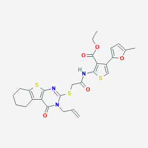 molecular formula C27H27N3O5S3 B382968 Ethyl 4-(5-methylfuran-2-yl)-2-[[2-[(4-oxo-3-prop-2-enyl-5,6,7,8-tetrahydro-[1]benzothiolo[2,3-d]pyrimidin-2-yl)sulfanyl]acetyl]amino]thiophene-3-carboxylate CAS No. 379236-60-9