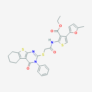 Ethyl 4-(5-methylfuran-2-yl)-2-[[2-[(4-oxo-3-phenyl-5,6,7,8-tetrahydro-[1]benzothiolo[2,3-d]pyrimidin-2-yl)sulfanyl]acetyl]amino]thiophene-3-carboxylate