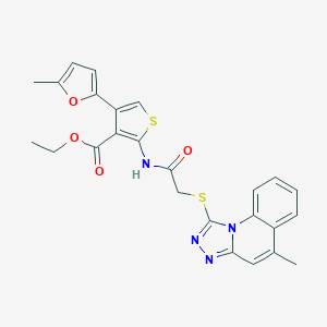 Ethyl 4-(5-methylfuran-2-yl)-2-[[2-[(5-methyl-[1,2,4]triazolo[4,3-a]quinolin-1-yl)sulfanyl]acetyl]amino]thiophene-3-carboxylate