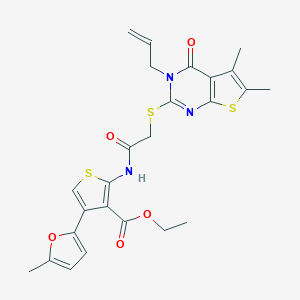 molecular formula C25H25N3O5S3 B382971 Ethyl 2-[[2-(5,6-dimethyl-4-oxo-3-prop-2-enylthieno[2,3-d]pyrimidin-2-yl)sulfanylacetyl]amino]-4-(5-methylfuran-2-yl)thiophene-3-carboxylate CAS No. 379236-46-1