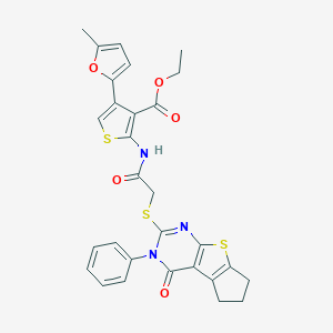 molecular formula C29H25N3O5S3 B382972 ethyl 4-(5-methyl-2-furyl)-2-({[(4-oxo-3-phenyl-3,5,6,7-tetrahydro-4H-cyclopenta[4,5]thieno[2,3-d]pyrimidin-2-yl)sulfanyl]acetyl}amino)-3-thiophenecarboxylate 