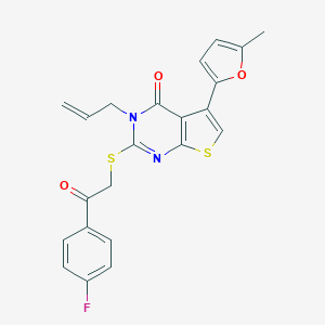 molecular formula C22H17FN2O3S2 B382975 2-[2-(4-Fluorophenyl)-2-oxoethyl]sulfanyl-5-(5-methylfuran-2-yl)-3-prop-2-enylthieno[2,3-d]pyrimidin-4-one CAS No. 379236-75-6