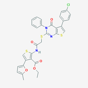molecular formula C32H24ClN3O5S3 B382977 Ethyl 2-[({[5-(4-chlorophenyl)-4-oxo-3-phenyl-3,4-dihydrothieno[2,3-d]pyrimidin-2-yl]sulfanyl}acetyl)amino]-4-(5-methyl-2-furyl)-3-thiophenecarboxylate 