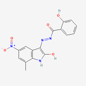 molecular formula C16H12N4O5 B3829937 2-hydroxy-N'-(7-methyl-5-nitro-2-oxo-1,2-dihydro-3H-indol-3-ylidene)benzohydrazide 