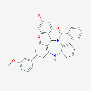 molecular formula C33H27FN2O3 B383028 10-benzoyl-11-(4-fluorophenyl)-3-(3-methoxyphenyl)-2,3,4,5,10,11-hexahydro-1H-dibenzo[b,e][1,4]diazepin-1-one 