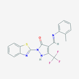 molecular formula C19H13F3N4OS B383033 2-(1,3-benzothiazol-2-yl)-4-(2-toluidinomethylene)-5-(trifluoromethyl)-2,4-dihydro-3H-pyrazol-3-one 