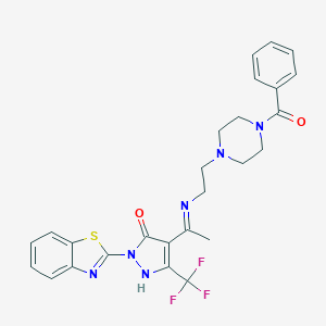 molecular formula C26H25F3N6O2S B383034 (4E)-2-(1,3-benzothiazol-2-yl)-4-[1-({2-[4-(phenylcarbonyl)piperazin-1-yl]ethyl}amino)ethylidene]-5-(trifluoromethyl)-2,4-dihydro-3H-pyrazol-3-one 
