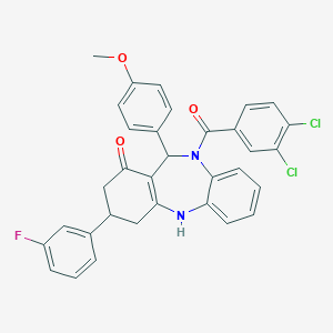 molecular formula C33H25Cl2FN2O3 B383035 (3,4-dichlorophenyl)[3-(3-fluorophenyl)-1-hydroxy-11-(4-methoxyphenyl)-2,3,4,11-tetrahydro-10H-dibenzo[b,e][1,4]diazepin-10-yl]methanone 