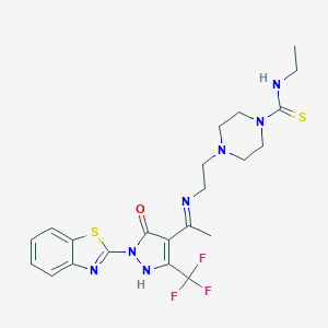 molecular formula C22H26F3N7OS2 B383048 4-[2-({(1E)-1-[1-(1,3-benzothiazol-2-yl)-5-oxo-3-(trifluoromethyl)-1,5-dihydro-4H-pyrazol-4-ylidene]ethyl}amino)ethyl]-N-ethylpiperazine-1-carbothioamide 