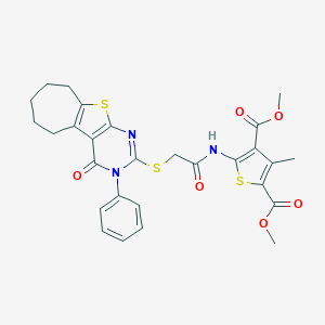 molecular formula C28H27N3O6S3 B383050 dimethyl 3-methyl-5-(2-((4-oxo-3-phenyl-4,5,6,7,8,9-hexahydro-3H-cyclohepta[4,5]thieno[2,3-d]pyrimidin-2-yl)thio)acetamido)thiophene-2,4-dicarboxylate CAS No. 379236-91-6