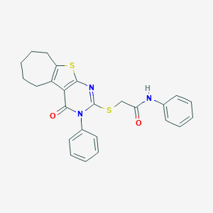 molecular formula C25H23N3O2S2 B383052 2-((4-oxo-3-phenyl-4,5,6,7,8,9-hexahydro-3H-cyclohepta[4,5]thieno[2,3-d]pyrimidin-2-yl)thio)-N-phenylacetamide CAS No. 379236-90-5