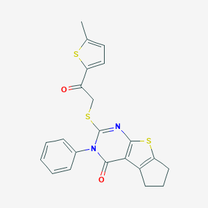 molecular formula C22H18N2O2S3 B383110 10-{[2-(5-Methylthiophen-2-yl)-2-oxoethyl]sulfanyl}-11-phenyl-7-thia-9,11-diazatricyclo[6.4.0.0^{2,6}]dodeca-1(8),2(6),9-trien-12-one CAS No. 379238-36-5