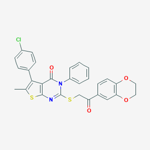 molecular formula C29H21ClN2O4S2 B383126 5-(4-chlorophenyl)-2-{[2-(2,3-dihydro-1,4-benzodioxin-6-yl)-2-oxoethyl]sulfanyl}-6-methyl-3-phenylthieno[2,3-d]pyrimidin-4(3H)-one 