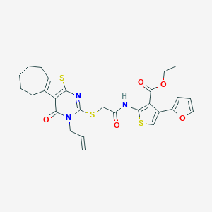 molecular formula C27H27N3O5S3 B383161 ethyl 2-({[(3-allyl-4-oxo-3,5,6,7,8,9-hexahydro-4H-cyclohepta[4,5]thieno[2,3-d]pyrimidin-2-yl)sulfanyl]acetyl}amino)-4-(2-furyl)-3-thiophenecarboxylate 