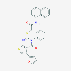 molecular formula C28H19N3O3S2 B383167 2-{[5-(2-furyl)-4-oxo-3-phenyl-3,4-dihydrothieno[2,3-d]pyrimidin-2-yl]sulfanyl}-N-(1-naphthyl)acetamide 