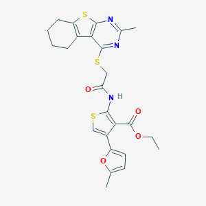 Ethyl 4-(5-methyl-2-furyl)-2-({[(2-methyl-5,6,7,8-tetrahydro[1]benzothieno[2,3-d]pyrimidin-4-yl)sulfanyl]acetyl}amino)-3-thiophenecarboxylate