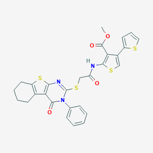 molecular formula C28H23N3O4S4 B383182 Methyl 2-({[(3-phenyl-4-oxo-3,4,5,6,7,8-hexahydro[1]benzothieno[2,3-d]pyrimidin-2-yl)sulfanyl]acetyl}amino)-2',4-bithiophene-3-carboxylate 