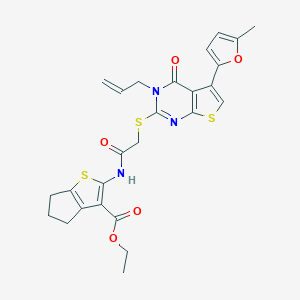 molecular formula C26H25N3O5S3 B383185 ethyl 2-[({[3-allyl-5-(5-methyl-2-furyl)-4-oxo-3,4-dihydrothieno[2,3-d]pyrimidin-2-yl]sulfanyl}acetyl)amino]-5,6-dihydro-4H-cyclopenta[b]thiophene-3-carboxylate 