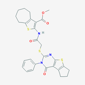 methyl 2-({[(4-oxo-3-phenyl-3,5,6,7-tetrahydro-4H-cyclopenta[4,5]thieno[2,3-d]pyrimidin-2-yl)sulfanyl]acetyl}amino)-5,6,7,8-tetrahydro-4H-cyclohepta[b]thiophene-3-carboxylate