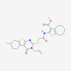 molecular formula C27H31N3O4S3 B383202 methyl 2-({[(3-allyl-7-methyl-4-oxo-3,4,5,6,7,8-hexahydro[1]benzothieno[2,3-d]pyrimidin-2-yl)sulfanyl]acetyl}amino)-5,6,7,8-tetrahydro-4H-cyclohepta[b]thiophene-3-carboxylate 