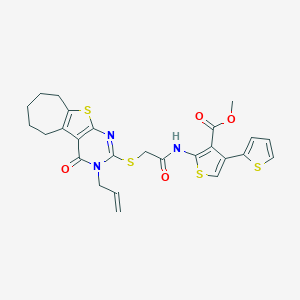 molecular formula C26H25N3O4S4 B383209 methyl 2-({[(3-allyl-4-oxo-3,5,6,7,8,9-hexahydro-4H-cyclohepta[4,5]thieno[2,3-d]pyrimidin-2-yl)sulfanyl]acetyl}amino)-2',4-bithiophene-3-carboxylate 