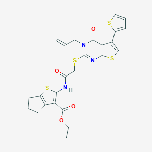 molecular formula C25H23N3O4S4 B383211 ethyl 2-[({[3-allyl-4-oxo-5-(2-thienyl)-3,4-dihydrothieno[2,3-d]pyrimidin-2-yl]sulfanyl}acetyl)amino]-5,6-dihydro-4H-cyclopenta[b]thiophene-3-carboxylate 