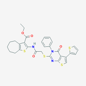 molecular formula C30H27N3O4S4 B383214 ethyl 2-[({[4-oxo-3-phenyl-5-(2-thienyl)-3,4-dihydrothieno[2,3-d]pyrimidin-2-yl]sulfanyl}acetyl)amino]-5,6,7,8-tetrahydro-4H-cyclohepta[b]thiophene-3-carboxylate 