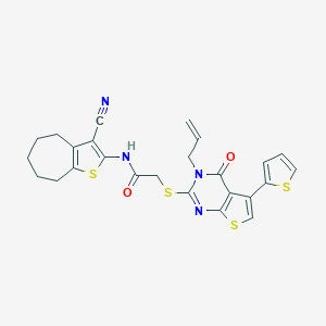 molecular formula C25H22N4O2S4 B383215 N-(3-cyano-5,6,7,8-tetrahydro-4H-cyclohepta[b]thiophen-2-yl)-2-{[4-oxo-3-(prop-2-en-1-yl)-5-(thiophen-2-yl)-3,4-dihydrothieno[2,3-d]pyrimidin-2-yl]sulfanyl}acetamide 