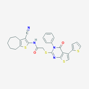 molecular formula C28H22N4O2S4 B383216 N-(3-cyano-5,6,7,8-tetrahydro-4H-cyclohepta[b]thien-2-yl)-2-{[4-oxo-3-phenyl-5-(2-thienyl)-3,4-dihydrothieno[2,3-d]pyrimidin-2-yl]sulfanyl}acetamide 