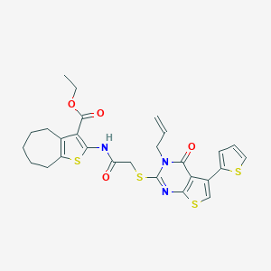 molecular formula C27H27N3O4S4 B383217 ethyl 2-[({[3-allyl-4-oxo-5-(2-thienyl)-3,4-dihydrothieno[2,3-d]pyrimidin-2-yl]sulfanyl}acetyl)amino]-5,6,7,8-tetrahydro-4H-cyclohepta[b]thiophene-3-carboxylate 
