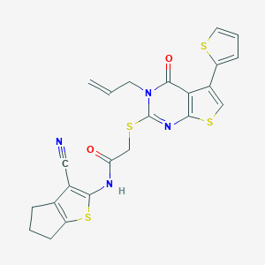 molecular formula C23H18N4O2S4 B383218 N-(3-cyano-5,6-dihydro-4H-cyclopenta[b]thiophen-2-yl)-2-{[4-oxo-3-(prop-2-en-1-yl)-5-(thiophen-2-yl)-3,4-dihydrothieno[2,3-d]pyrimidin-2-yl]sulfanyl}acetamide 