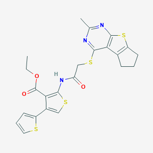 molecular formula C23H21N3O3S4 B383219 ethyl 2-({[(2-methyl-6,7-dihydro-5H-cyclopenta[4,5]thieno[2,3-d]pyrimidin-4-yl)sulfanyl]acetyl}amino)-2',4-bithiophene-3-carboxylate 