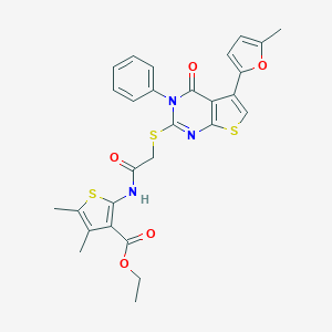 molecular formula C28H25N3O5S3 B383220 Ethyl 4,5-dimethyl-2-[[2-[5-(5-methylfuran-2-yl)-4-oxo-3-phenylthieno[2,3-d]pyrimidin-2-yl]sulfanylacetyl]amino]thiophene-3-carboxylate CAS No. 496027-90-8