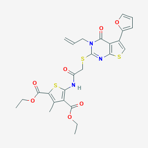 molecular formula C26H25N3O7S3 B383221 Diethyl 5-[({[3-allyl-5-(2-furyl)-4-oxo-3,4-dihydrothieno[2,3-d]pyrimidin-2-yl]sulfanyl}acetyl)amino]-3-methyl-2,4-thiophenedicarboxylate 