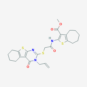 molecular formula C26H29N3O4S3 B383231 methyl 2-({[(3-allyl-4-oxo-3,4,5,6,7,8-hexahydro[1]benzothieno[2,3-d]pyrimidin-2-yl)sulfanyl]acetyl}amino)-5,6,7,8-tetrahydro-4H-cyclohepta[b]thiophene-3-carboxylate 