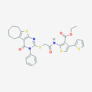 molecular formula C30H27N3O4S4 B383239 ethyl 2-({[(3-phenyl-4-oxo-3,5,6,7,8,9-hexahydro-4H-cyclohepta[4,5]thieno[2,3-d]pyrimidin-2-yl)sulfanyl]acetyl}amino)-2',4-bithiophene-3-carboxylate 