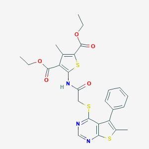 molecular formula C26H25N3O5S3 B383242 Diethyl 3-methyl-5-({[(6-methyl-5-phenylthieno[2,3-d]pyrimidin-4-yl)sulfanyl]acetyl}amino)-2,4-thiophenedicarboxylate 