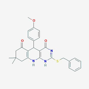 molecular formula C27H27N3O3S B383251 2-benzylsulfanyl-5-(4-methoxyphenyl)-8,8-dimethyl-5,7,9,10-tetrahydro-1H-pyrimido[4,5-b]quinoline-4,6-dione CAS No. 328021-59-6
