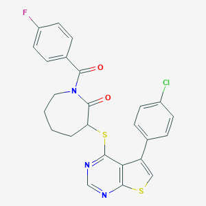 molecular formula C25H19ClFN3O2S2 B383276 3-{[5-(4-Chlorophenyl)thieno[2,3-d]pyrimidin-4-yl]sulfanyl}-1-(4-fluorobenzoyl)-2-azepanone 