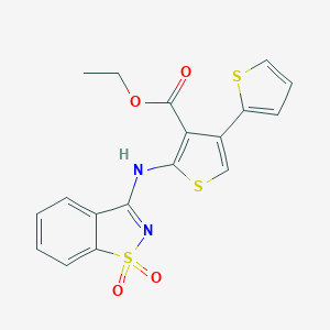 molecular formula C18H14N2O4S3 B383280 Ethyl 2-[(1,1-dioxido-1,2-benzisothiazol-3-yl)amino]-2',4-bithiophene-3-carboxylate 