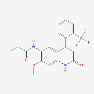 molecular formula C20H19F3N2O3 B3832818 N-{7-methoxy-2-oxo-4-[2-(trifluoromethyl)phenyl]-1,2,3,4-tetrahydroquinolin-6-yl}propanamide 