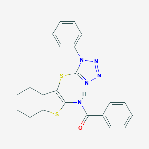 molecular formula C22H19N5OS2 B383287 N-{3-[(1-phenyl-1H-tetraazol-5-yl)sulfanyl]-4,5,6,7-tetrahydro-1-benzothien-2-yl}benzamide 