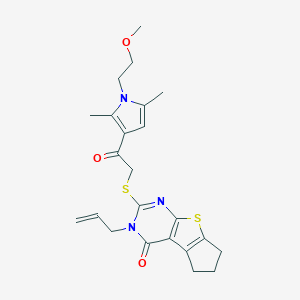 molecular formula C23H27N3O3S2 B383288 10-({2-[1-(2-methoxyethyl)-2,5-dimethyl-1H-pyrrol-3-yl]-2-oxoethyl}sulfanyl)-11-(prop-2-en-1-yl)-7-thia-9,11-diazatricyclo[6.4.0.0^{2,6}]dodeca-1(8),2(6),9-trien-12-one CAS No. 496022-39-0