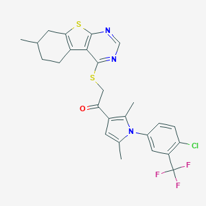 molecular formula C26H23ClF3N3OS2 B383327 1-{1-[4-chloro-3-(trifluoromethyl)phenyl]-2,5-dimethyl-1H-pyrrol-3-yl}-2-[(7-methyl-5,6,7,8-tetrahydro[1]benzothieno[2,3-d]pyrimidin-4-yl)sulfanyl]ethanone 