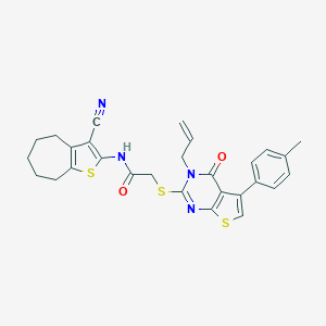 molecular formula C28H26N4O2S3 B383330 2-{[3-allyl-5-(4-methylphenyl)-4-oxo-3,4-dihydrothieno[2,3-d]pyrimidin-2-yl]sulfanyl}-N-(3-cyano-5,6,7,8-tetrahydro-4H-cyclohepta[b]thien-2-yl)acetamide 