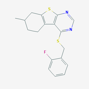 molecular formula C18H17FN2S2 B383332 4-[(2-Fluorobenzyl)sulfanyl]-7-methyl-5,6,7,8-tetrahydro[1]benzothieno[2,3-d]pyrimidine 