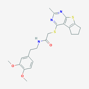 N-[2-(3,4-Dimethoxyphenyl)ethyl]-2-[(10-methyl-7-thia-9,11-diazatricyclo[6.4.0.02,6]dodeca-1(8),2(6),9,11-tetraen-12-yl)sulfanyl]acetamide