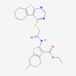 molecular formula C24H27N3O3S3 B383334 Ethyl 6-methyl-2-{[(5,6,7,8-tetrahydro[1]benzothieno[2,3-d]pyrimidin-4-ylsulfanyl)acetyl]amino}-4,5,6,7-tetrahydro-1-benzothiophene-3-carboxylate 